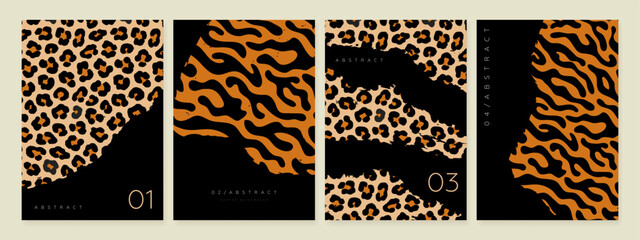Abstract modern poster, cover, greeting card or flyer design template with leopard and tiger texture. Simple banner collection with wild animal skin background. Vector illustration