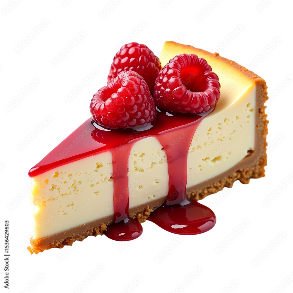 Poster a slice of cheesecake with raspberries and red syrup on top view isolated on transparent background