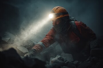 A miner in a helmet with a headlamp explores a dark, rocky environment. Dust and smoke fill the air, creating a dramatic atmosphere.