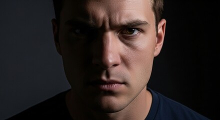 Fototapeta premium Stern Young Man with Intense Expression Against Dark Gray Background