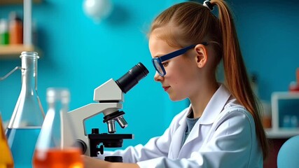 Young girl using microscope in science laboratory with colorful background - Powered by Adobe