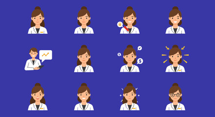 Flat Illustration Young Woman Different Expressions Avatar Set Design Character