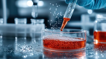A glimpse into the world of science, where a hand pours a droplet of liquid into a petri dish, creating bubbles in a vibrant red solution, representing curiosity and discovery in chemistry.