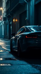 Luxury sports car parked on a rainy night city street