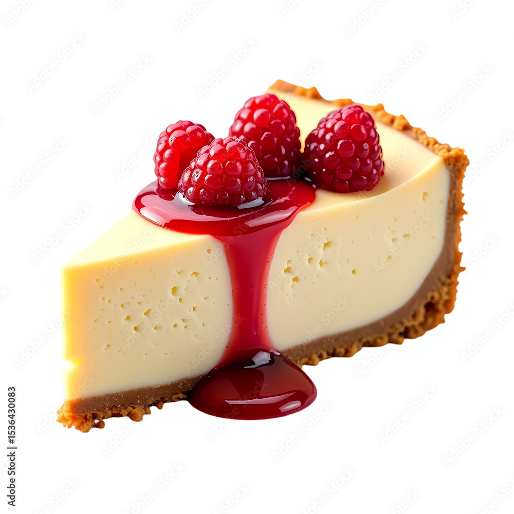 Aufkleber a slice of cheesecake with raspberries and red sauce on top view isolated on transparent background