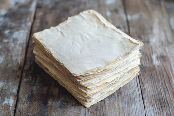 Rustic Handmade Notebook with Raw Paper and Torn Fiber on a Weathered Wooden Table with Soft Natural Light