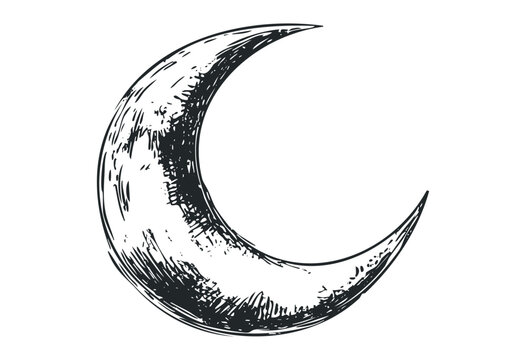 Hand-drawn crescent moon sketch with detailed shading. Vector retro hand drawn illustration