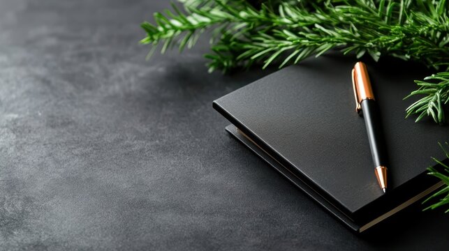 A minimalist desk featuring a sleek black notepad and a stylish pen, accompanied by pine sprigs, symbolizing focus and creativity in workspace design.