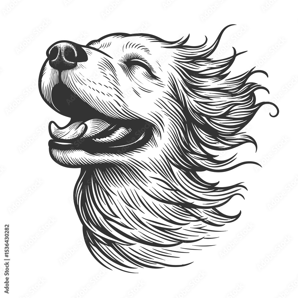 Poster joyful dog with flowing fur sketch engraving generative ai raster illustration. scratch board imitat
