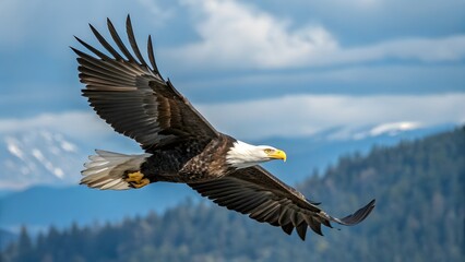 Obraz premium A majestic bald eagle soaring through the open sky a symbol of freedom and strength against a mountain backdrop with