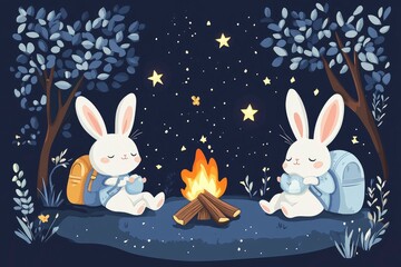 Obraz premium tiny bunnies with backpacks and campfires, sleeping under the stars, kawaii vector style