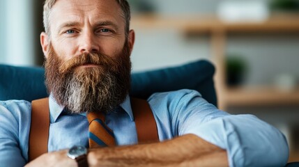 A professionally dressed man with a well-groomed beard exudes confidence and charisma, sitting comfortably and ready to engage in meaningful conversation.