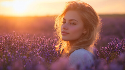 A Serene Woman in a Lavender Field at Sunset Surrounded by Soft Golden Light and Warm Tones