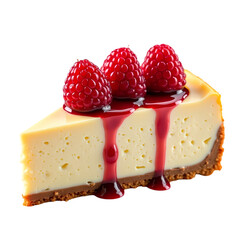 A slice of cheesecake with raspberries and red sauce on top view isolated on transparent background