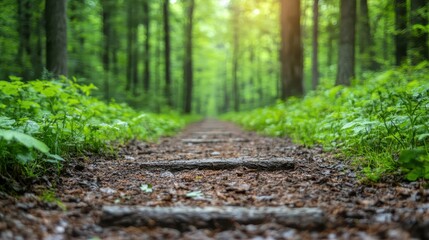 A tranquil forest pathway lined with lush greenery, creating a peaceful and inviting atmosphere that beckons visitors to explore the beauty of nature up close.