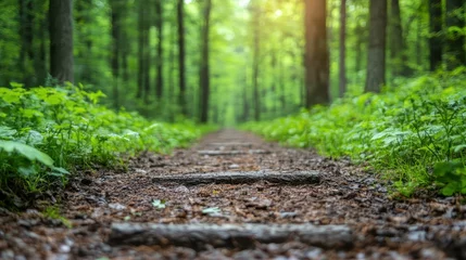 Foto auf Acrylglas Straße im Wald A tranquil forest pathway lined with lush greenery, creating a peaceful and inviting atmosphere that beckons visitors to explore the beauty of nature up close.  © Dulemegapixel