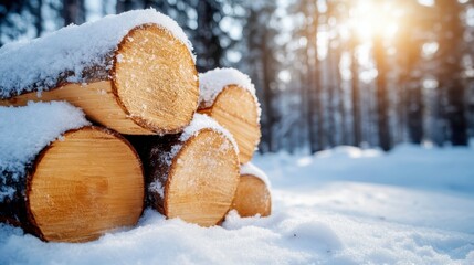 Neatly stacked logs covered in fresh snow create a picturesque winter scene, conveying feelings of warmth, comfort, and the tranquility of a snowy woodland retreat.