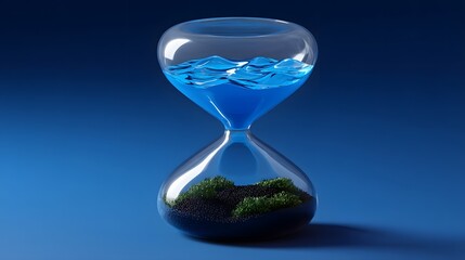A surreal glass hourglass containing swirling blue liquid representing the world's oceans, symbolizing the urgent issue of climate change and its impact on the environment.