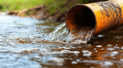 A close-up image of murky water flowing from a rusted orange pipe into a natural setting, highlighting the pressing issue of water pollution and its environmental effects.