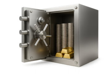 Shot of a compact safe box on a white surface, filled with detailed gold coin stacks and gold bars