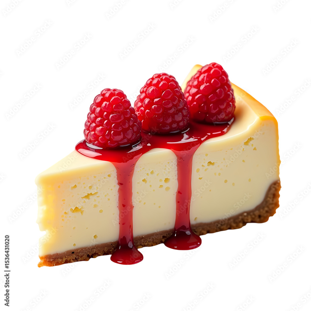 Poster a slice of cheesecake with raspberries and red glaze on top view isolated on transparent background
