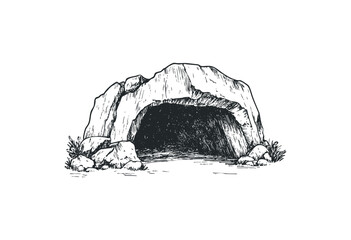 Fototapeta premium Hand-drawn cave entrance with rocks and vegetation. Vector retro hand drawn illustration