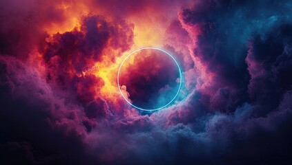 Obraz premium A vibrant, circular neon ring floats amidst swirling, stormy clouds