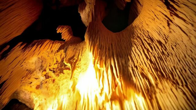 Intricate formations of golden stalactites hanging in the darkness inside an underground cave system, geological wonder