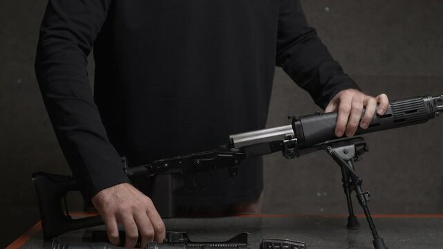 Tilt down shot of young Caucasian male trainee disassembling rifle while having practice in shooting club