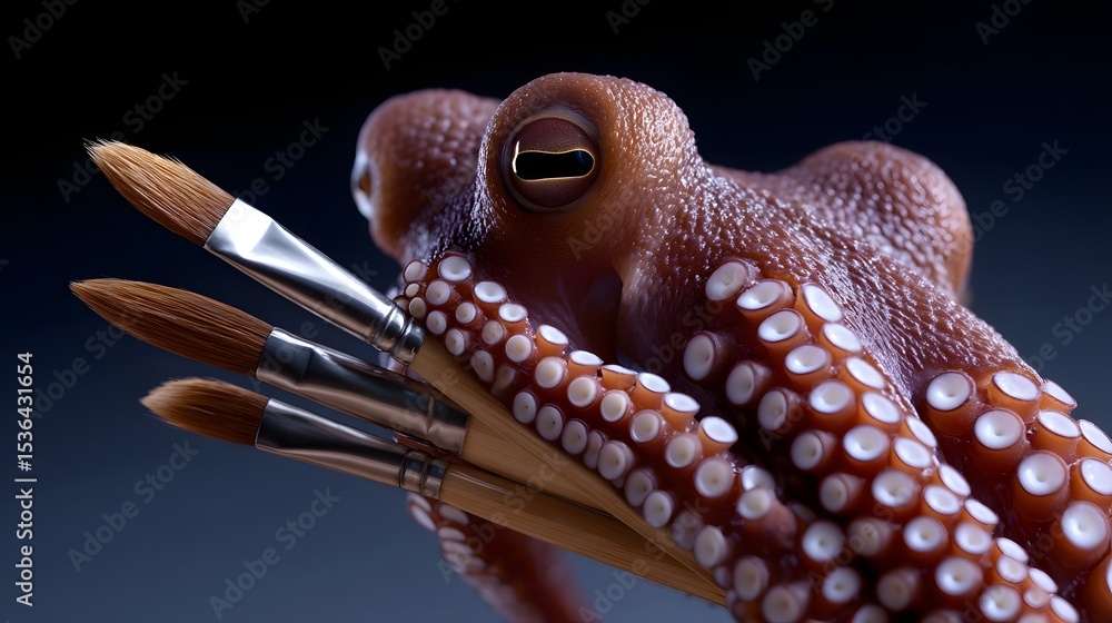 Poster a close-up view of an octopus using its tentacles, which resemble paintbrushes, to create intricate 