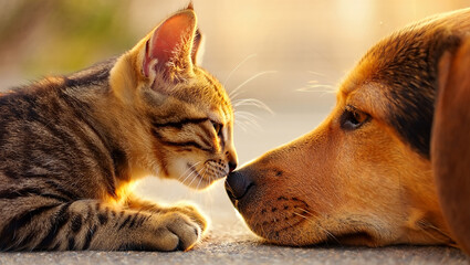 Close-up of a tabby kitten and a brown dog touching noses in warm sunlight