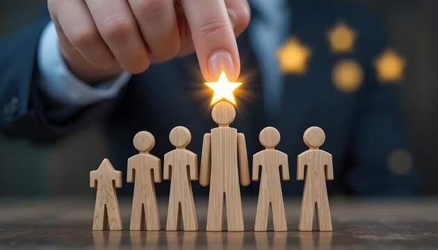 A leader recognized for excellence receiving a shining star in acknowledgement of their achievements with wooden