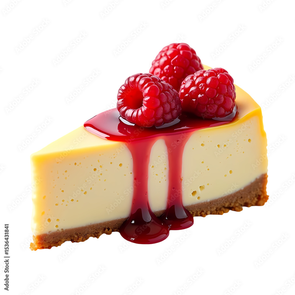 Aufkleber a slice of cheesecake with raspberry sauce and fresh raspberries isolated on transparent background
