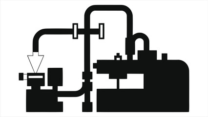 (Packaging Machine)Industrial machinery system graphic design/A simple, black silhouette graphic of an industrial process, likely part of a manufacturing pipeline.