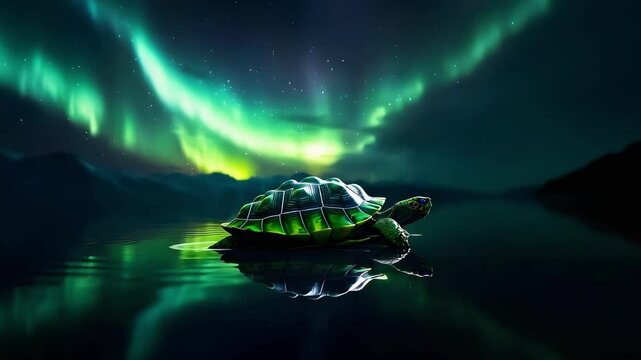 A turtle floats on calm water beneath a vibrant display of the northern lights in a starry night sky.
