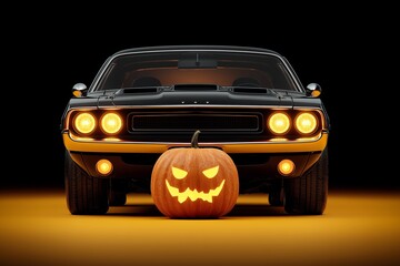 A spooky black car with glowing jack-o'-lantern eyes eating a candy bar, Halloween trick-or-treat splashes on neon yellow background