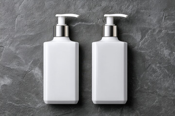 Two white square bottles with pump heads on isolated background