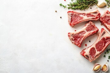 Raw lamb chops are garnished with herbs and spices on a white surface. Showcase meat quality, food preparation, and healthy eating concepts.