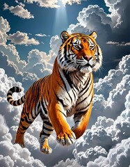 cartoon illustration of a tiger flying above thick white clouds. Generate AI