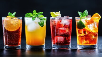 A beautiful display of four refreshing cocktails garnished with fruits and herbs, capturing the vibrant colors and textures in an enticing composition.