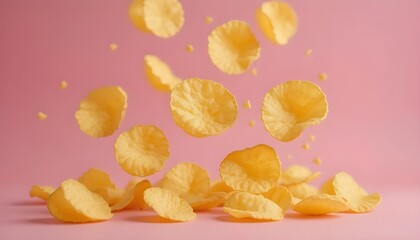 Golden corn flakes joyfully dancing in the air before settling into a breakfast bowl captured against a vivid pink
