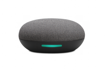 Smart speaker glowing turquoise, standing on minimalist surface, symbolizing contemporary digital innovation and sleek design