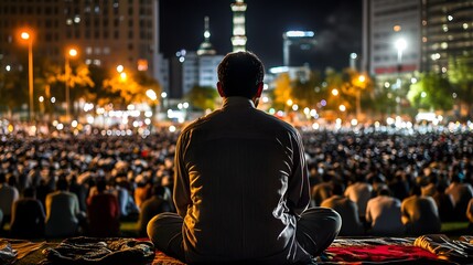 Obraz premium A large gathering of people outdoors at night.
