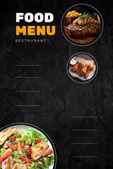 List menu on chalkboard. Hand writing food menu on black background. Design template of restaurant menu,	