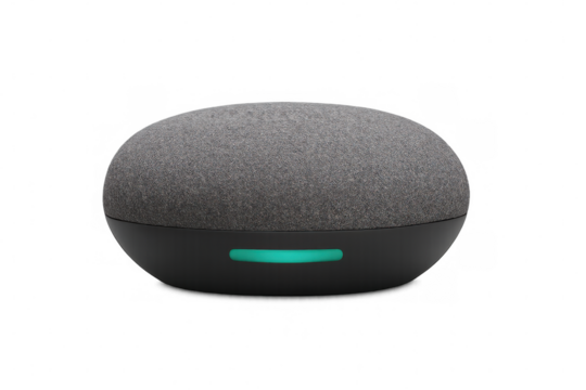 Smart speaker glowing turquoise, standing on minimalist surface, symbolizing contemporary digital innovation and sleek design