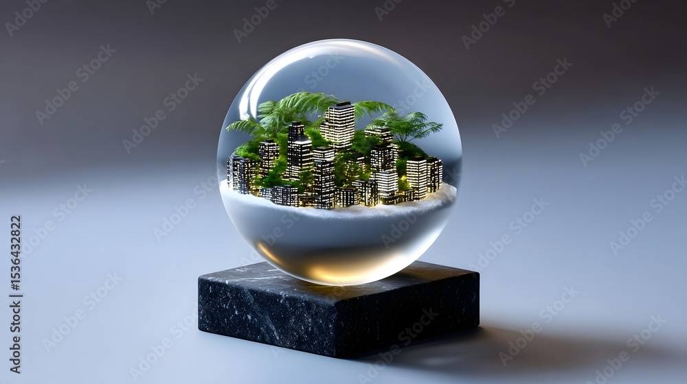 Poster a surreal and imaginative image depicting a floating glass sphere containing a captivating miniature
