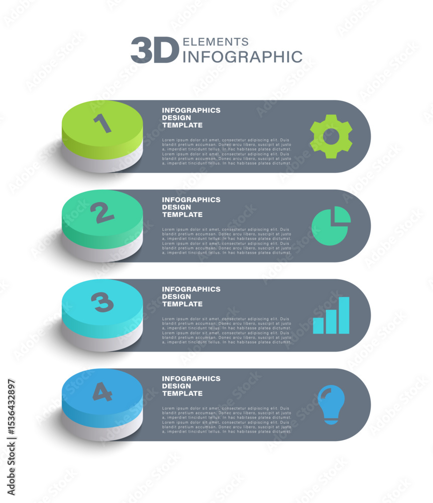 Aufkleber 3d infographics vertical template. four steps or processes with icons and space for data