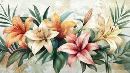 23.A botanical illustration of lilies with vibrant multicolored blooms and lush green foliage, displayed on a soft, textured background for a natural aesthetic.