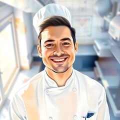 Happy chef in kitchen watercolor style