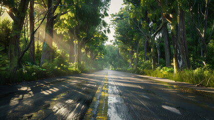 Fototapeta premium Serene Sunlit Forest Paths: Morning Light Filtering Through Lush Canopies